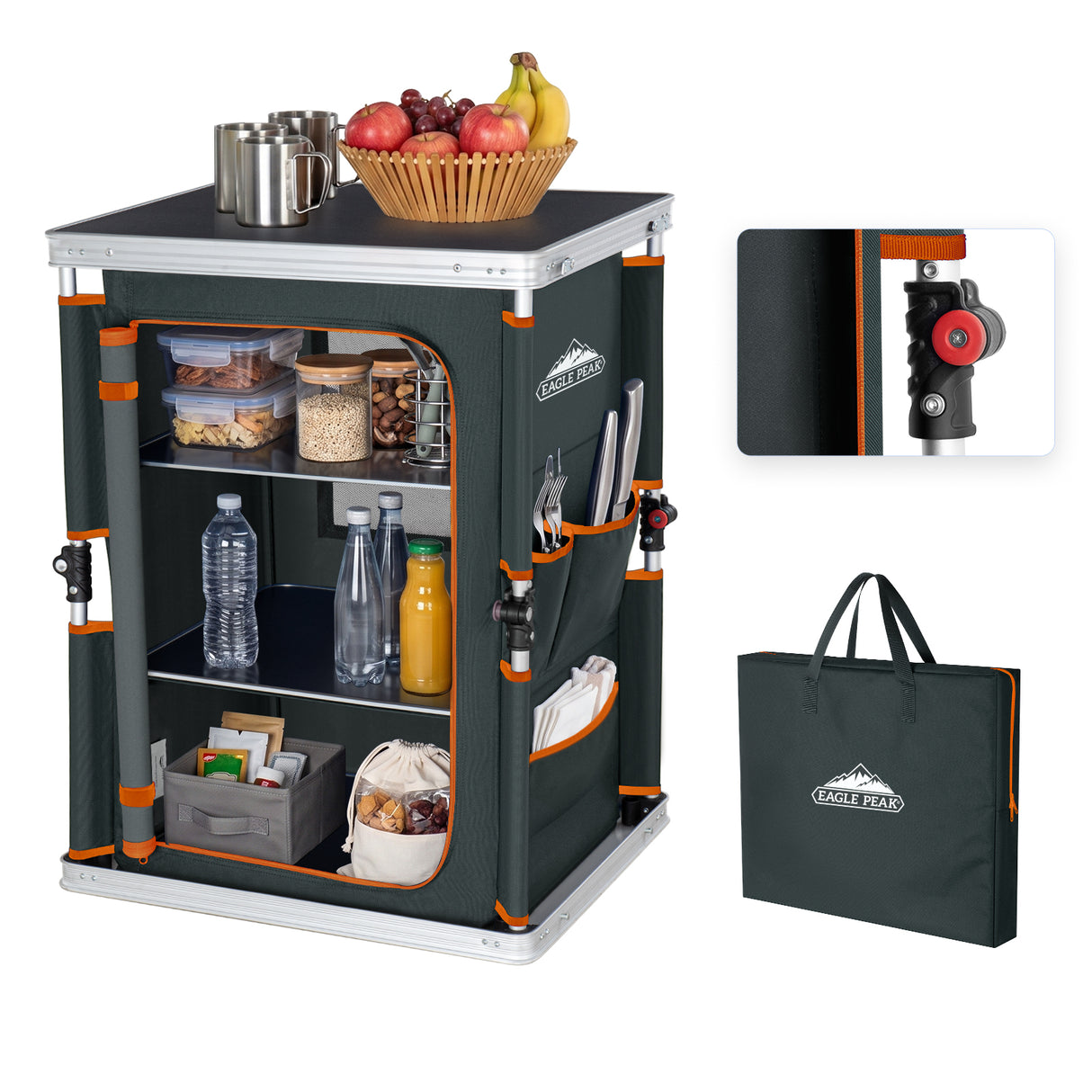 Outdoor Camping Pop Up Folding Table with Large 3-Tier Storage Organizer and Side Pockets