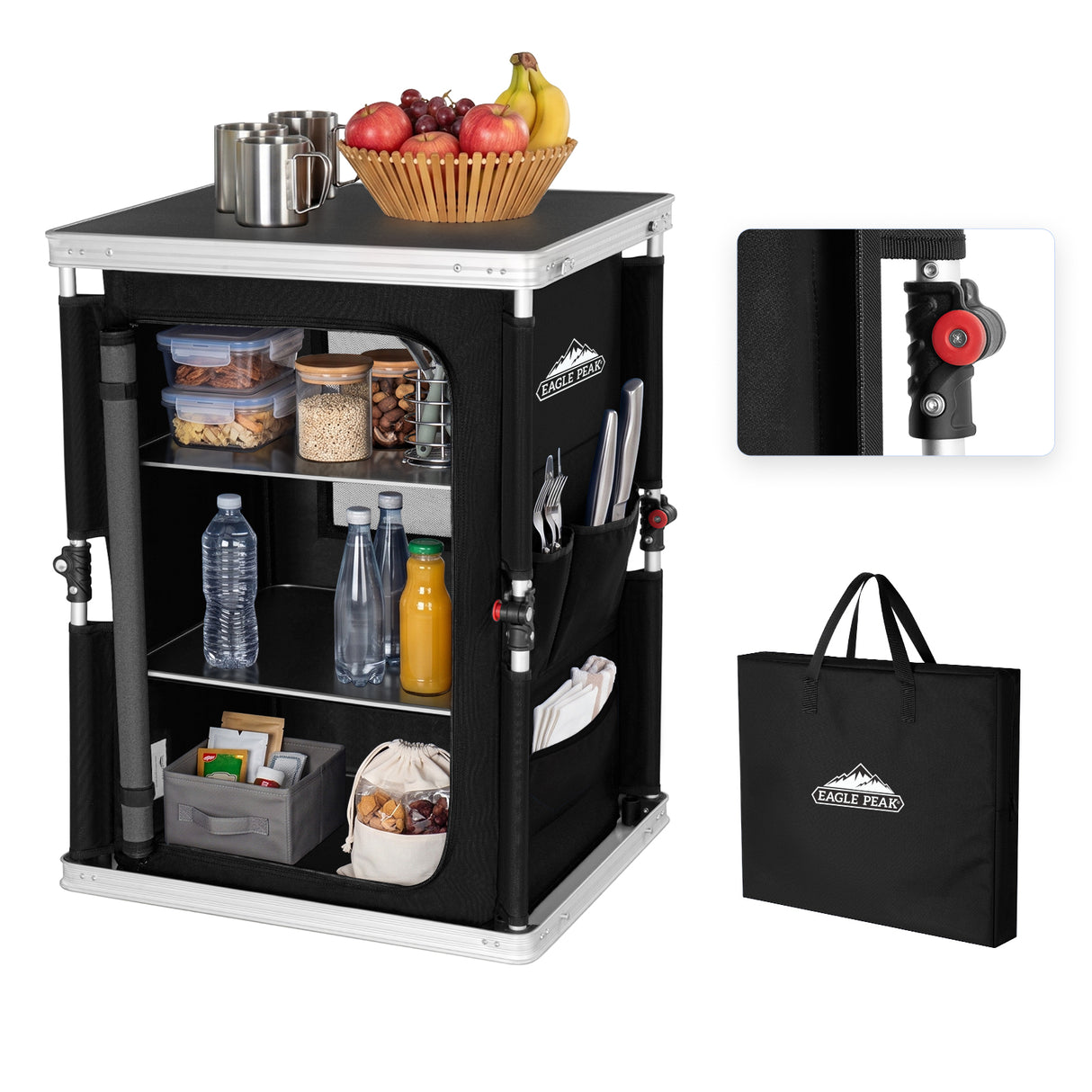 Outdoor Camping Pop Up Folding Table with Large 3-Tier Storage Organizer and Side Pockets