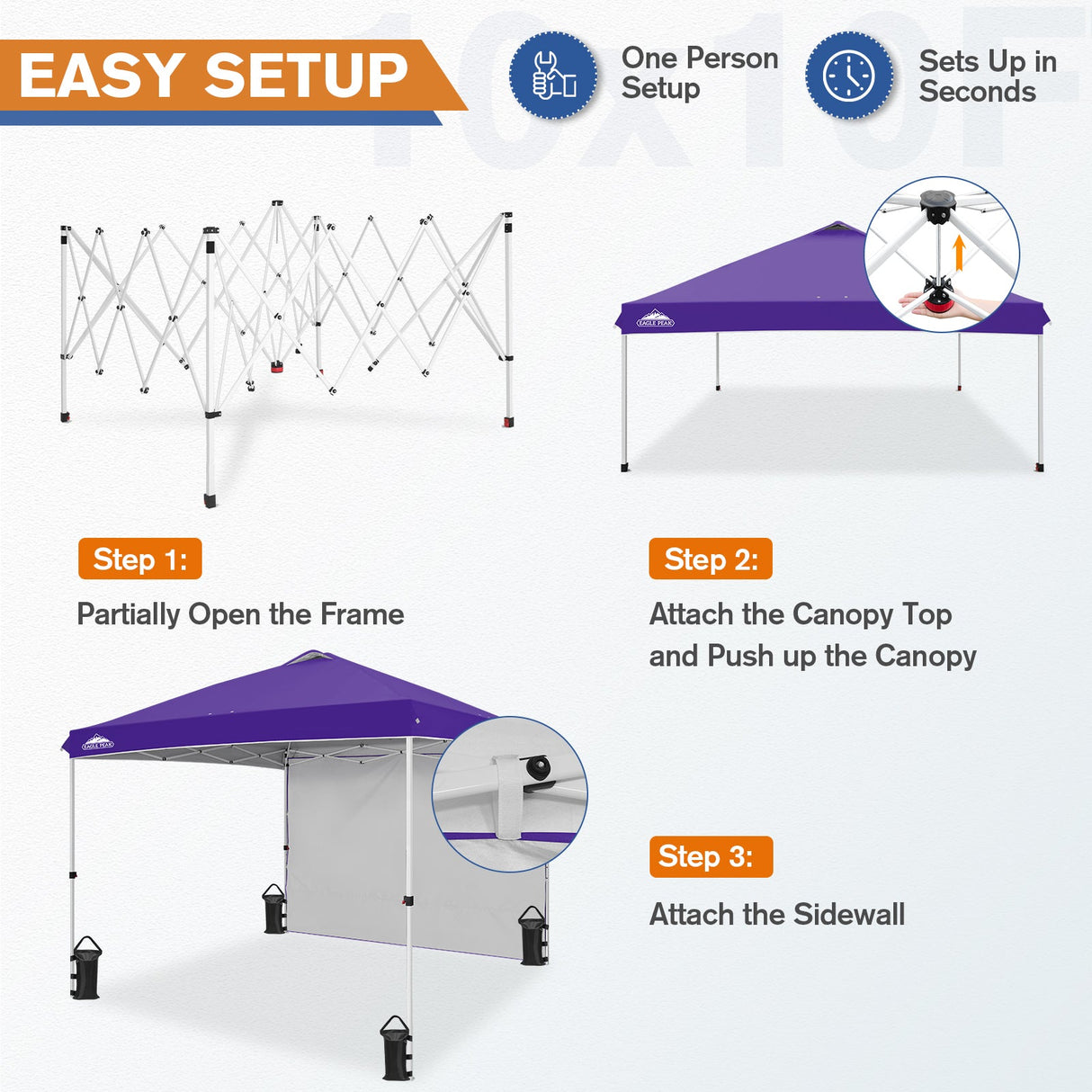 10x10 Commercial Pop up Canopy with 1 Sidewall - Eagle Peak