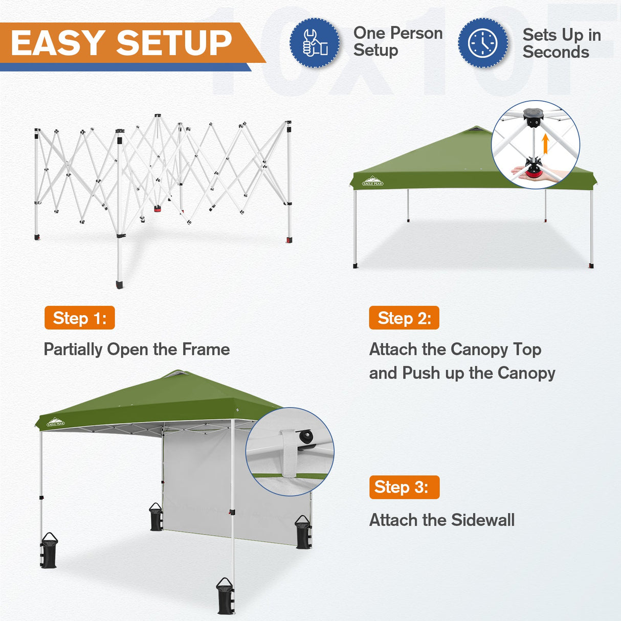 10x10 Commercial Pop up Canopy with 1 Sidewall - Eagle Peak