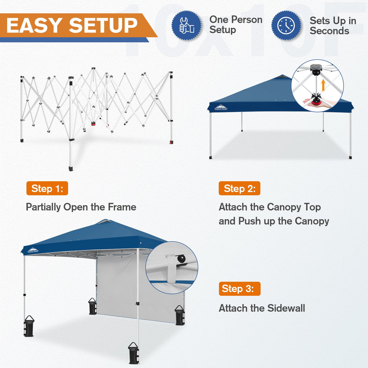 10x10 Commercial Pop up Canopy with 1 Sidewall - Eagle Peak