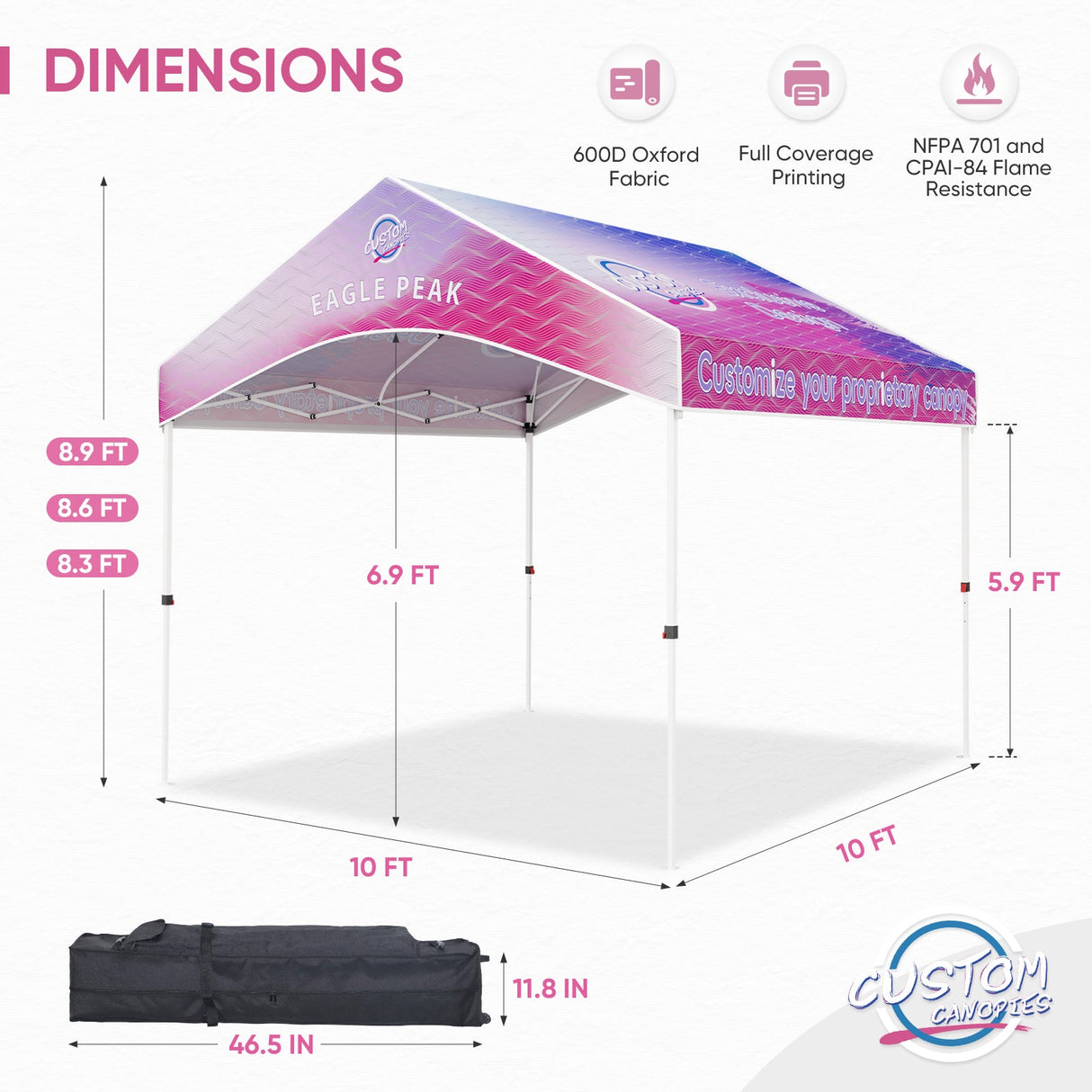 10x10 Custom Commercial Canopy with Gable Roof, Pop Up Custom Canopy Tent with Logo - Eagle Peak Custom Canopy Tent