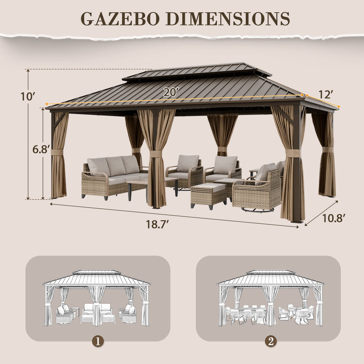 12x10 Hardtop Gazebo, Galvanized Steel Double Roof with Aluminum Frame - Eagle Peak Custom Canopy Tent