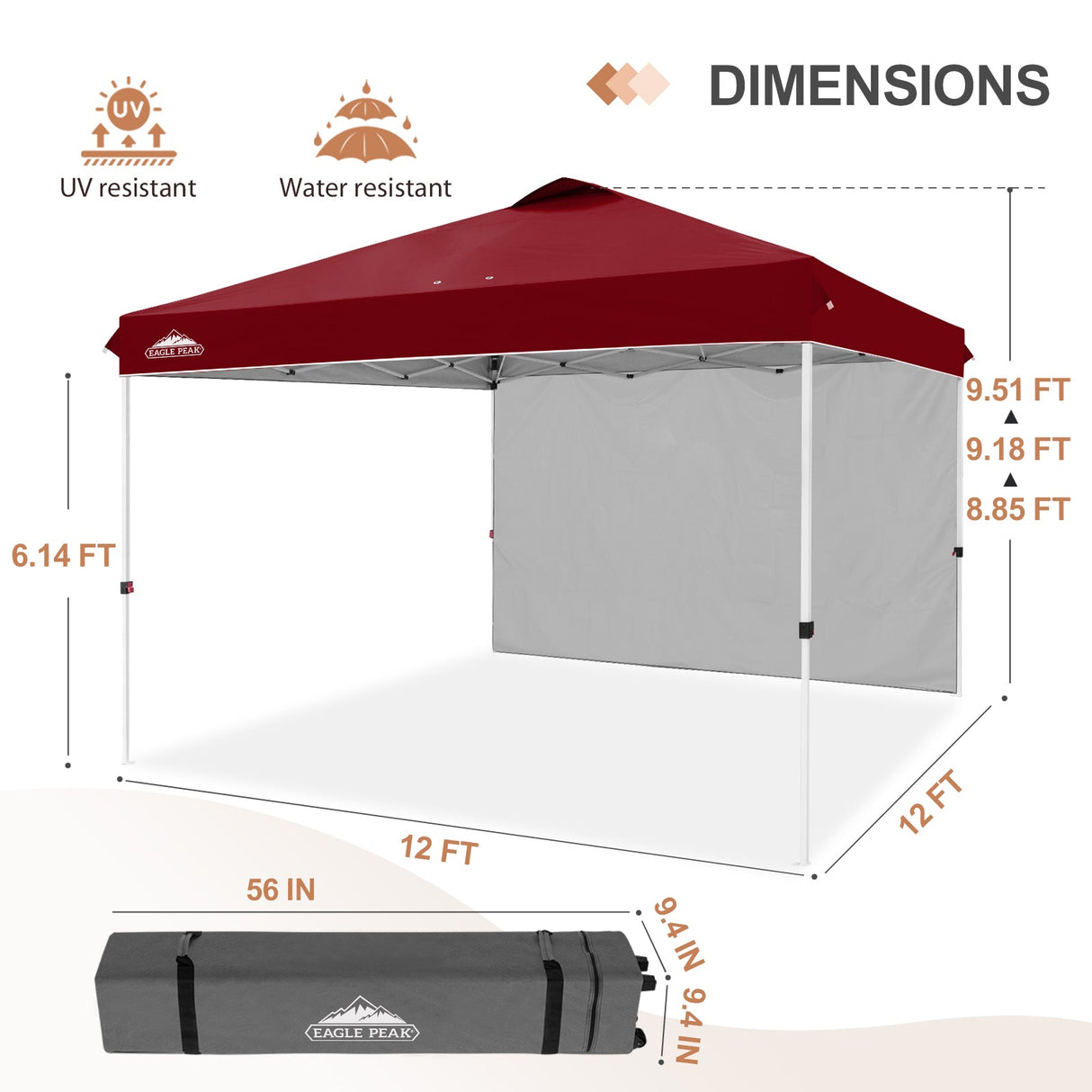 12x12 Commercial Heavy Duty Pop up Canopy with 1 Sidewall - Eagle Peak Custom Canopy Tent