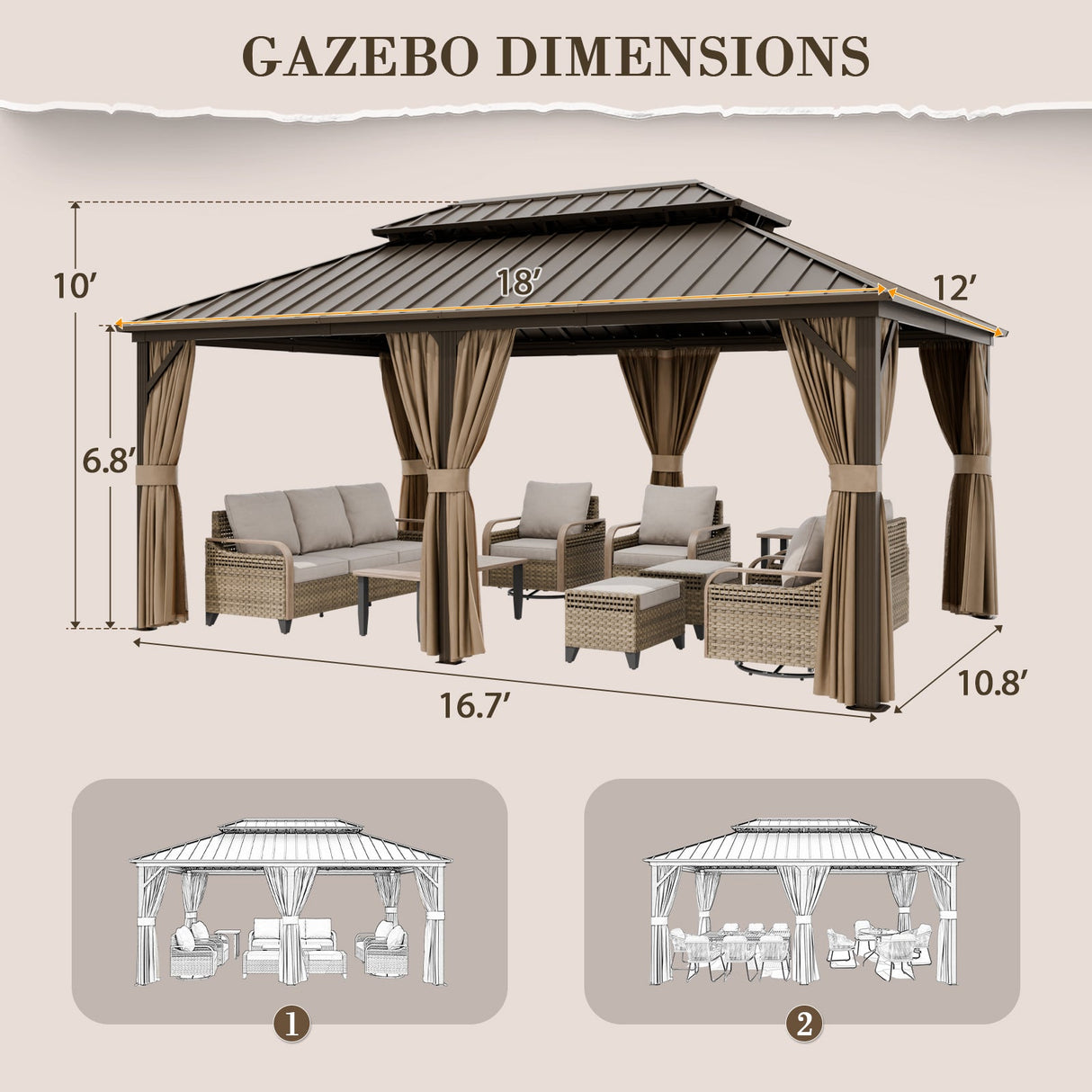 12x18 Hardtop Gazebo, Galvanized Steel Double Roof with Aluminum Frame - Eagle Peak Custom Canopy Tent