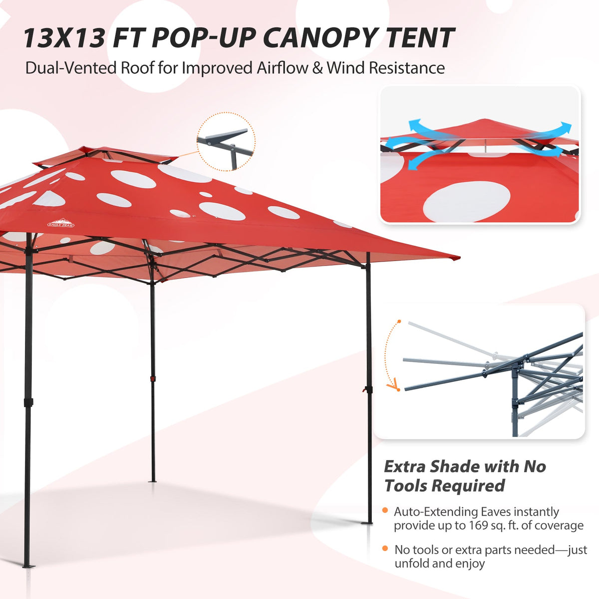 13x13 Pop Up Canopy Tent, Auto Extended Eaves - Eagle Peak®
