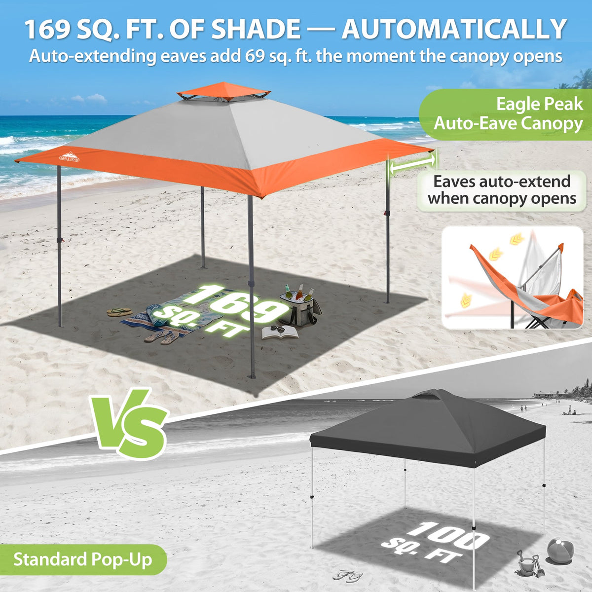 13x13 Pop Up Canopy Tent, Auto Extended Eaves - Eagle Peak®