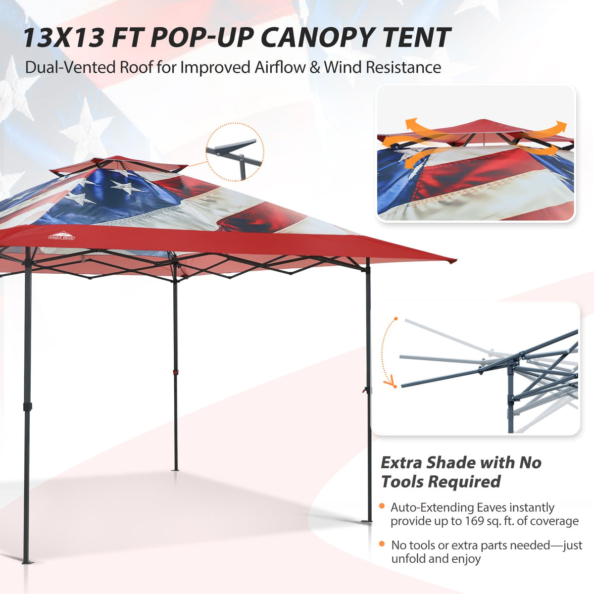 13x13 Pop Up Canopy Tent, Auto Extended Eaves - Eagle Peak®