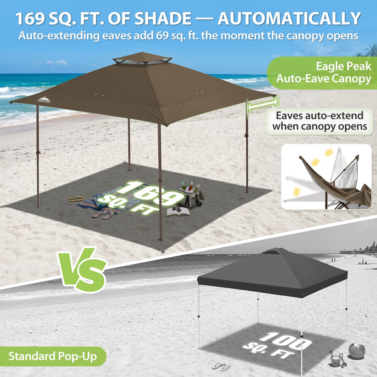 13x13 Pop Up Canopy Tent, Auto Extended Eaves - Eagle Peak®