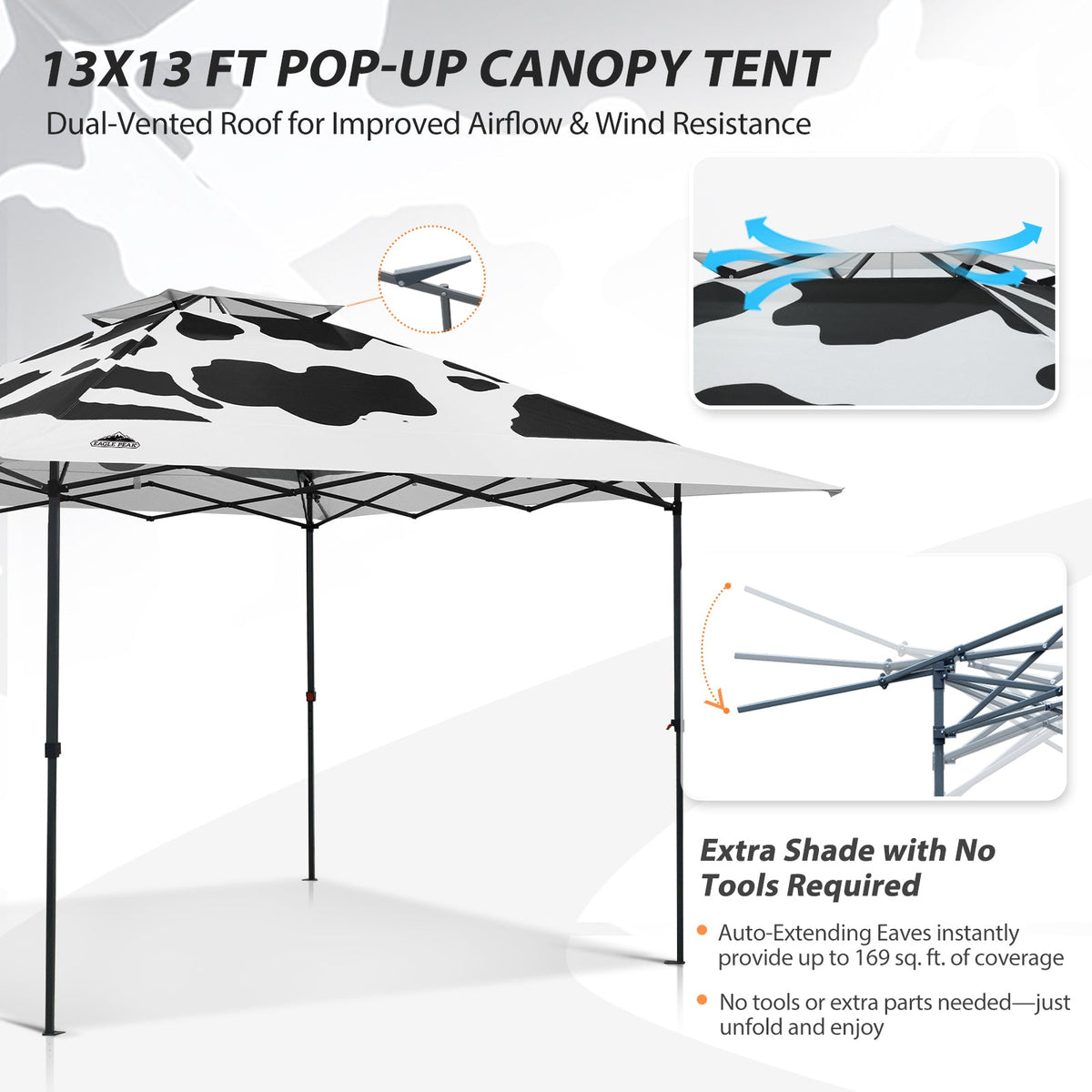 13x13 Pop Up Canopy Tent, Auto Extended Eaves - Eagle Peak®
