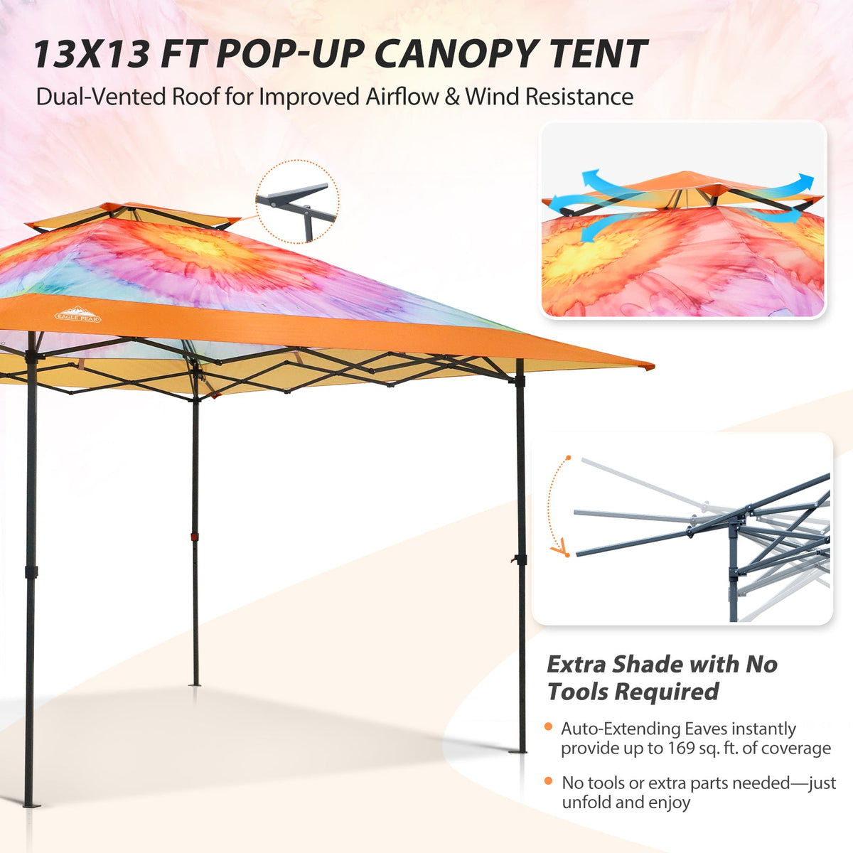 13x13 Pop Up Canopy Tent, Auto Extended Eaves - Eagle Peak®