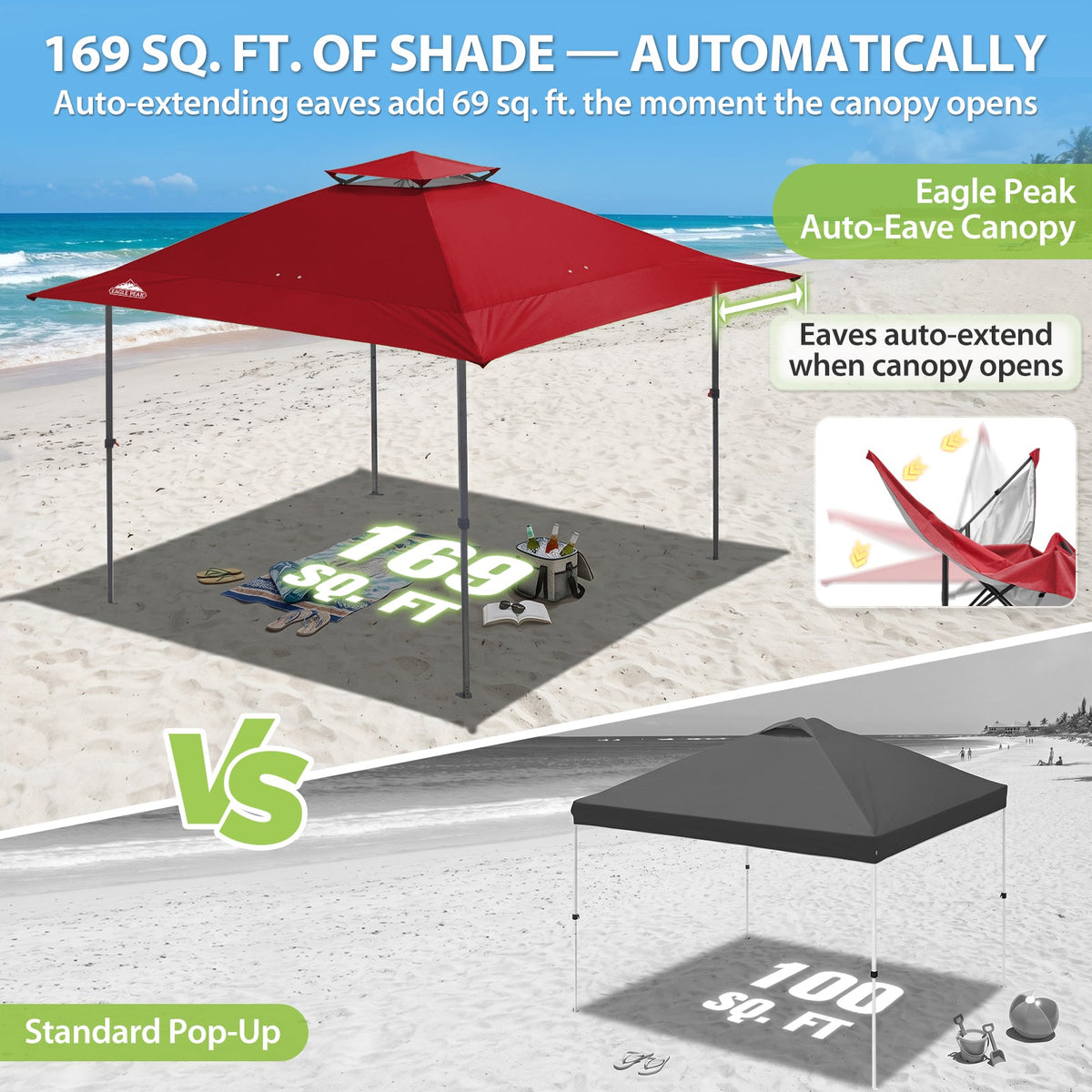 13x13 Pop Up Canopy Tent, Auto Extended Eaves - Eagle Peak®
