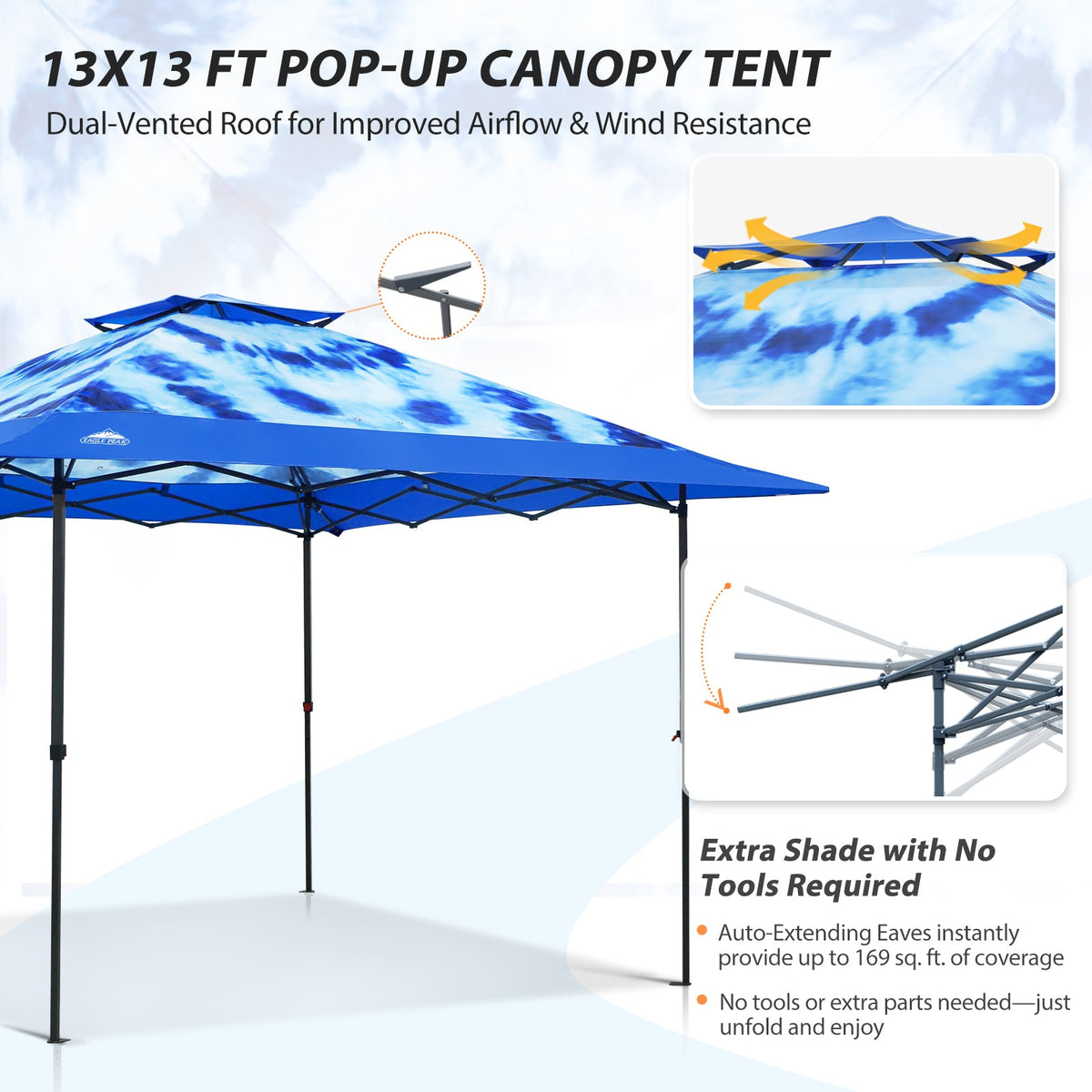13x13 Pop Up Canopy Tent, Auto Extended Eaves - Eagle Peak®