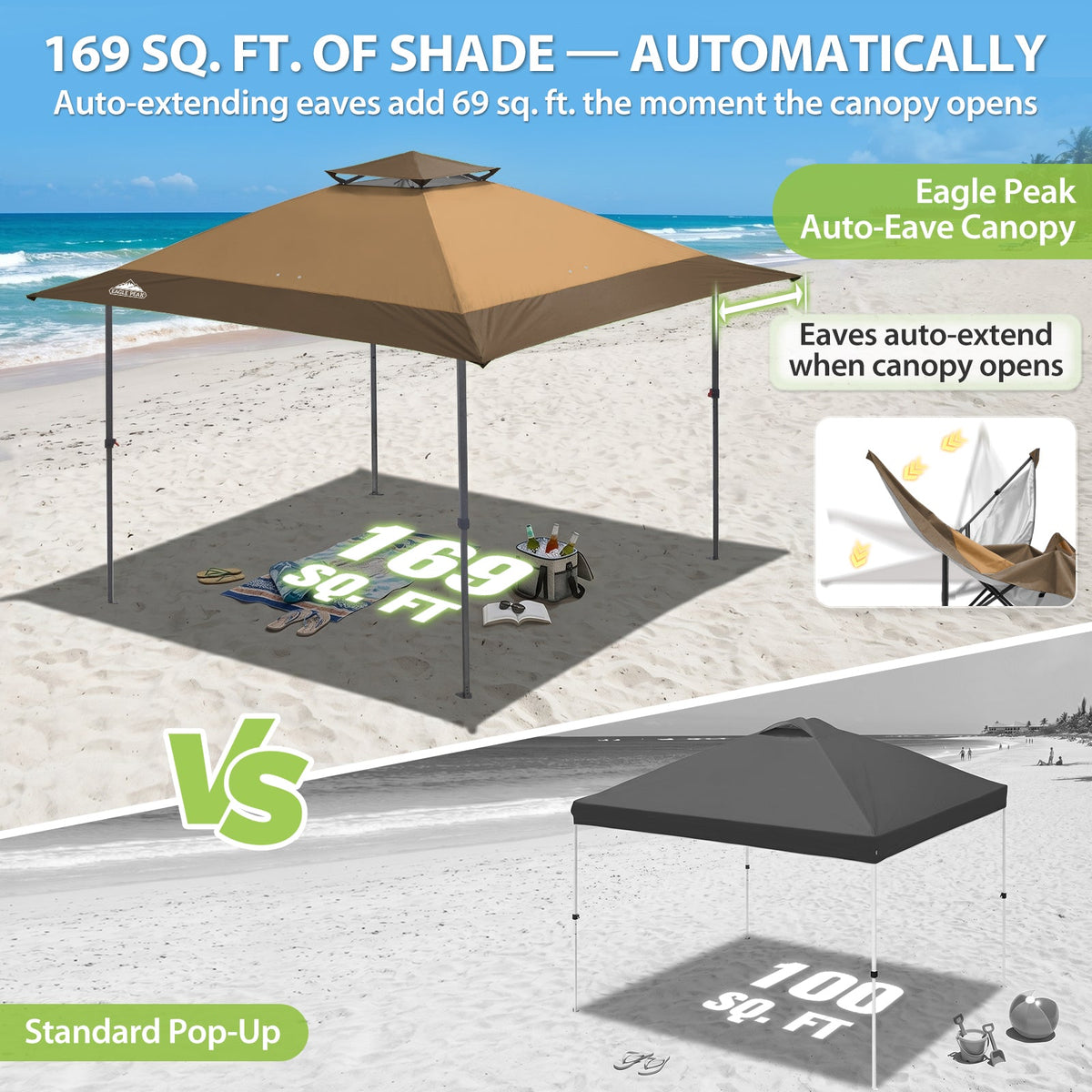 13x13 Pop Up Canopy Tent, Auto Extended Eaves - Eagle Peak®