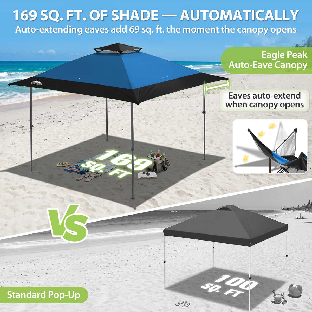 13x13 Pop Up Canopy Tent, Auto Extended Eaves - Eagle Peak®