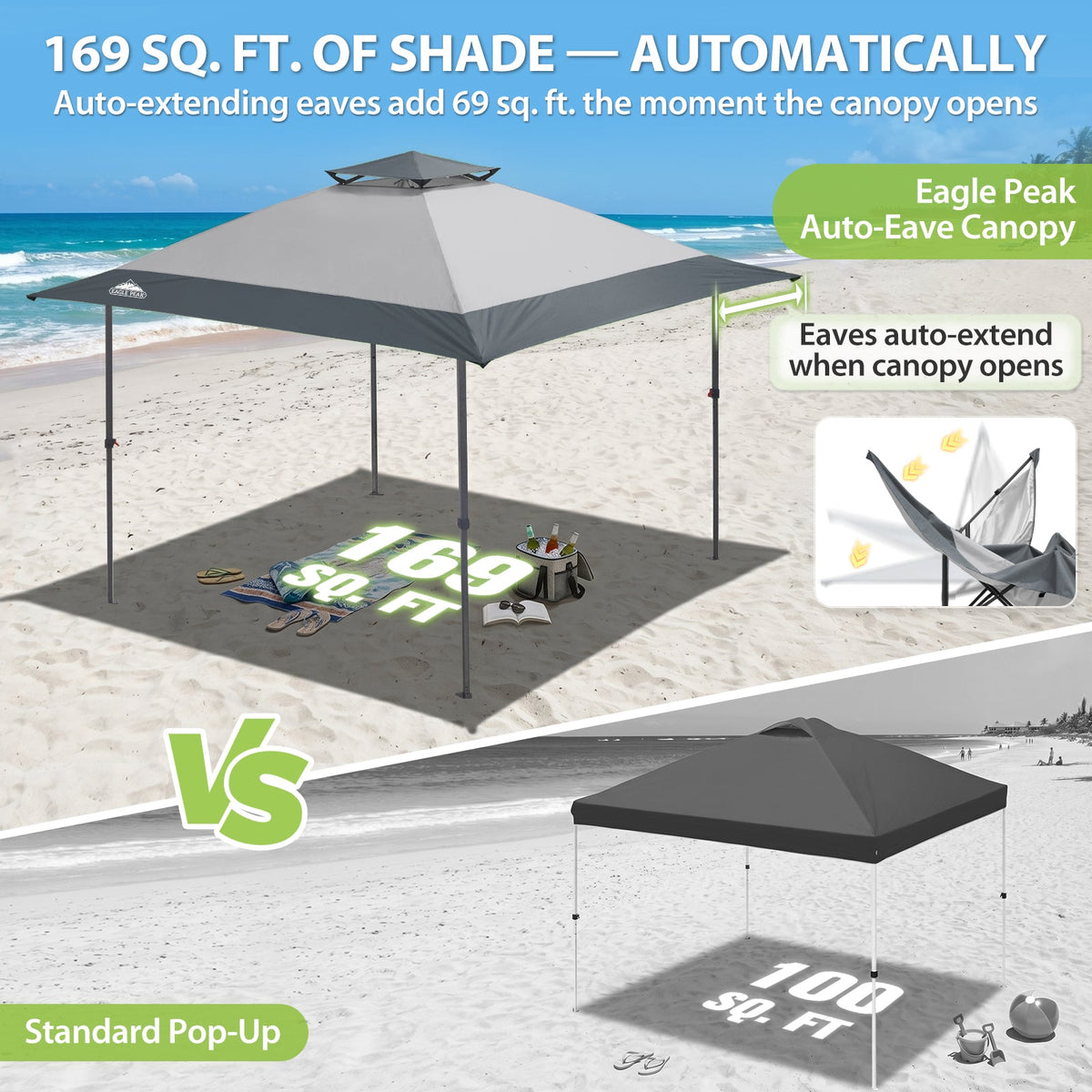 13x13 Pop Up Canopy Tent, Auto Extended Eaves - Eagle Peak®