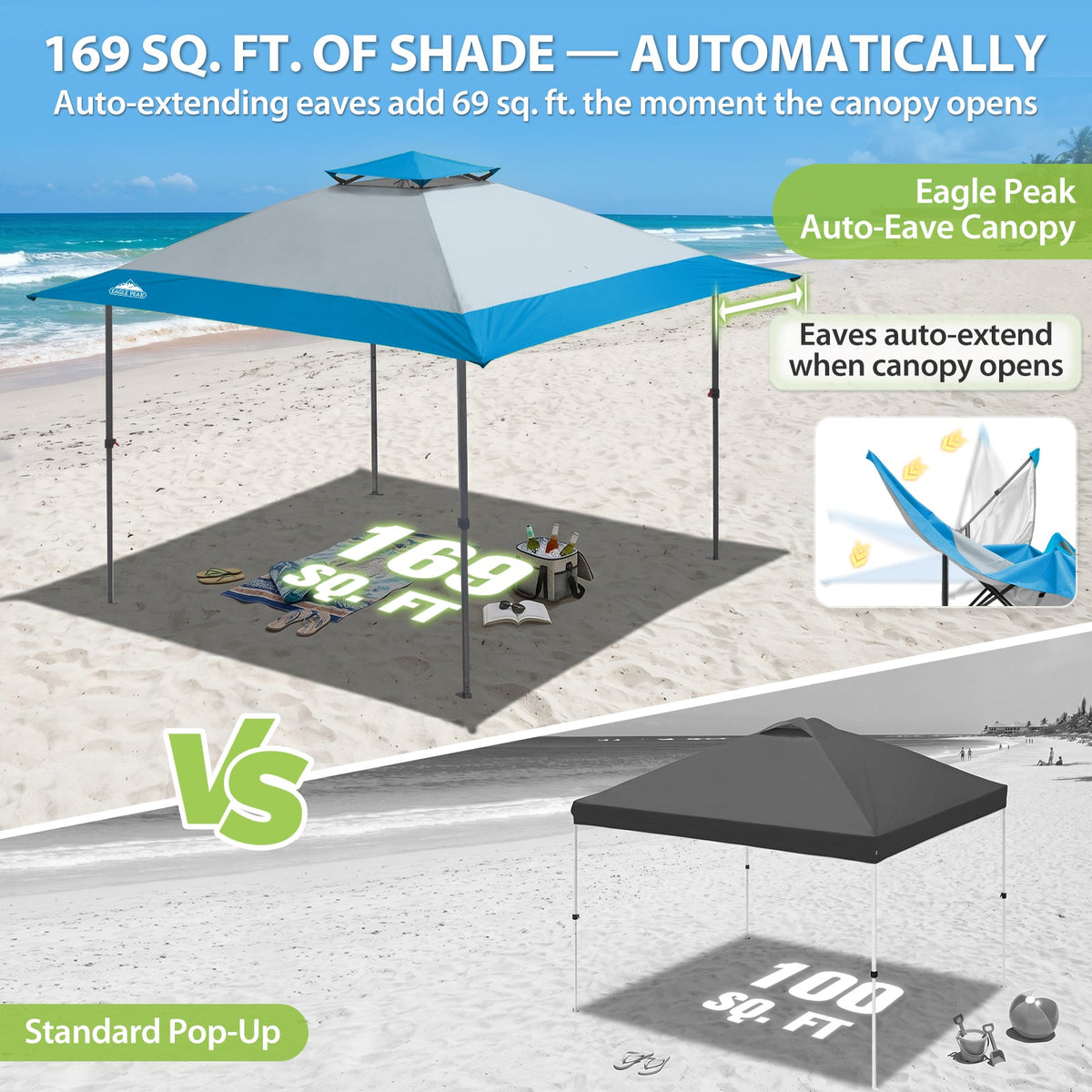 13x13 Pop Up Canopy Tent, Auto Extended Eaves - Eagle Peak®