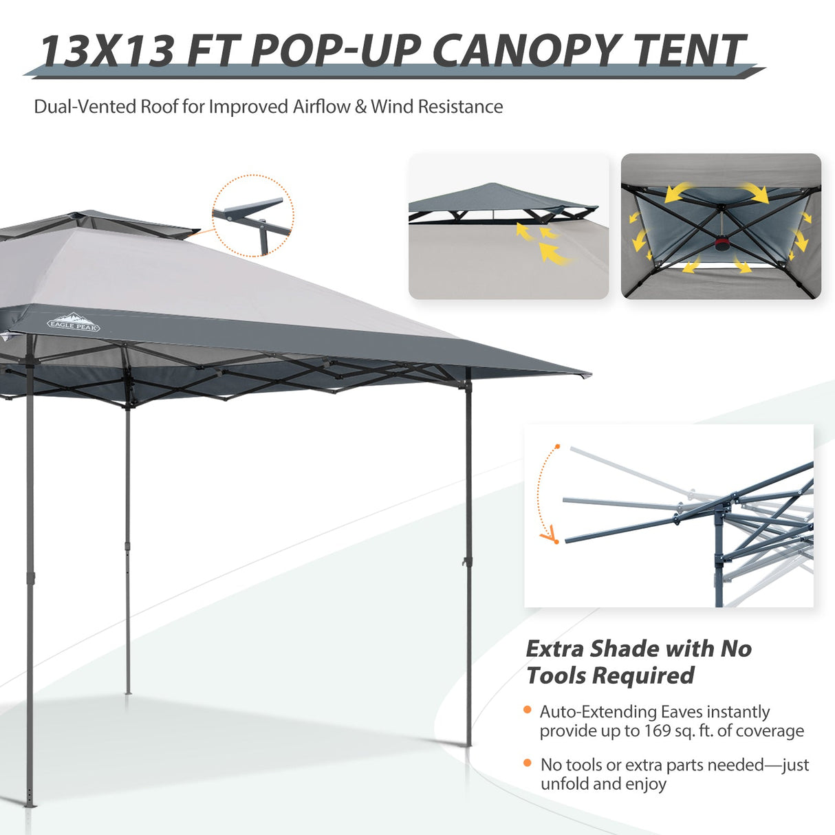 13x13 Straight Leg Pop Up Canopy Tent with 169 sqft of Shade - Eagle Peak Custom Canopy Tent