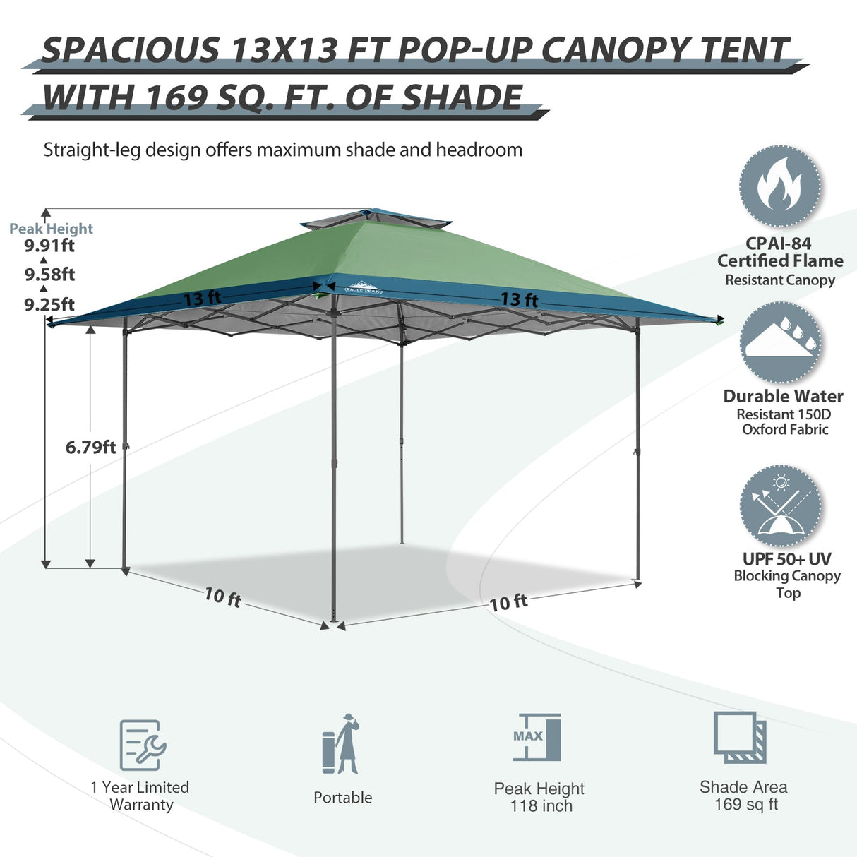 13x13 Straight Leg Pop Up Canopy Tent with 169 sqft of Shade - Eagle Peak Custom Canopy Tent