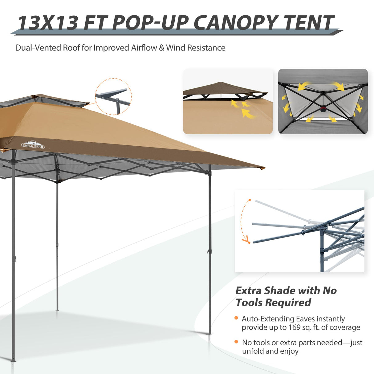 13x13 Straight Leg Pop Up Canopy Tent with 169 sqft of Shade - Eagle Peak Custom Canopy Tent