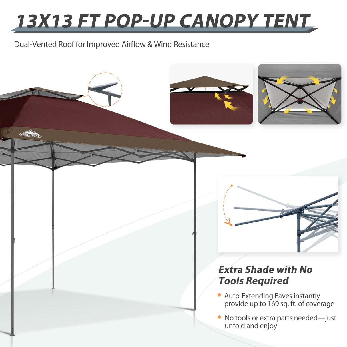 13x13 Straight Leg Pop Up Canopy Tent with 169 sqft of Shade - Eagle Peak Custom Canopy Tent