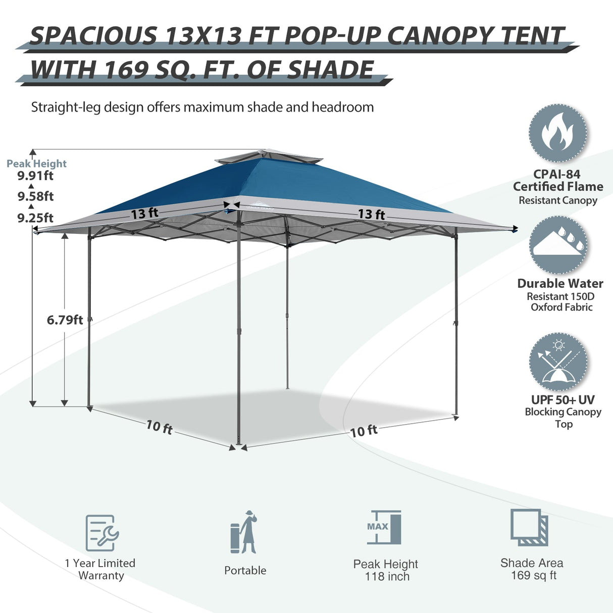 13x13 Straight Leg Pop Up Canopy Tent with 169 sqft of Shade - Eagle Peak Custom Canopy Tent