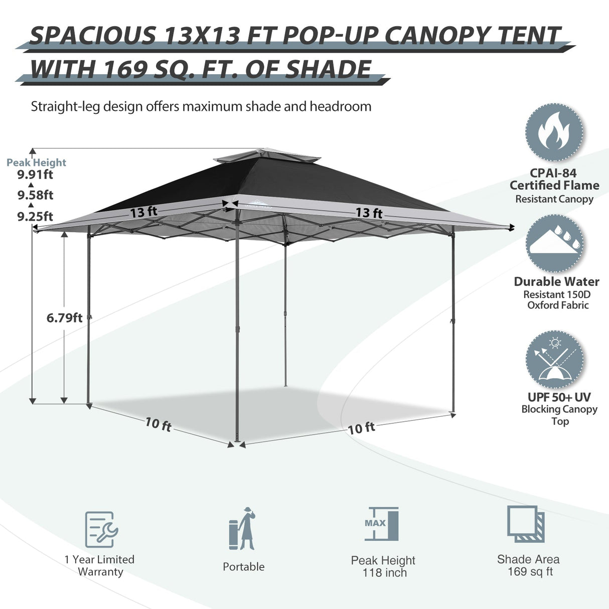 13x13 Straight Leg Pop Up Canopy Tent with 169 sqft of Shade - Eagle Peak Custom Canopy Tent