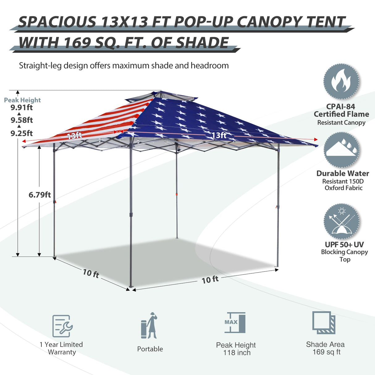 13x13 Straight Leg Pop Up Canopy Tent with 169 sqft of Shade - Eagle Peak Custom Canopy Tent