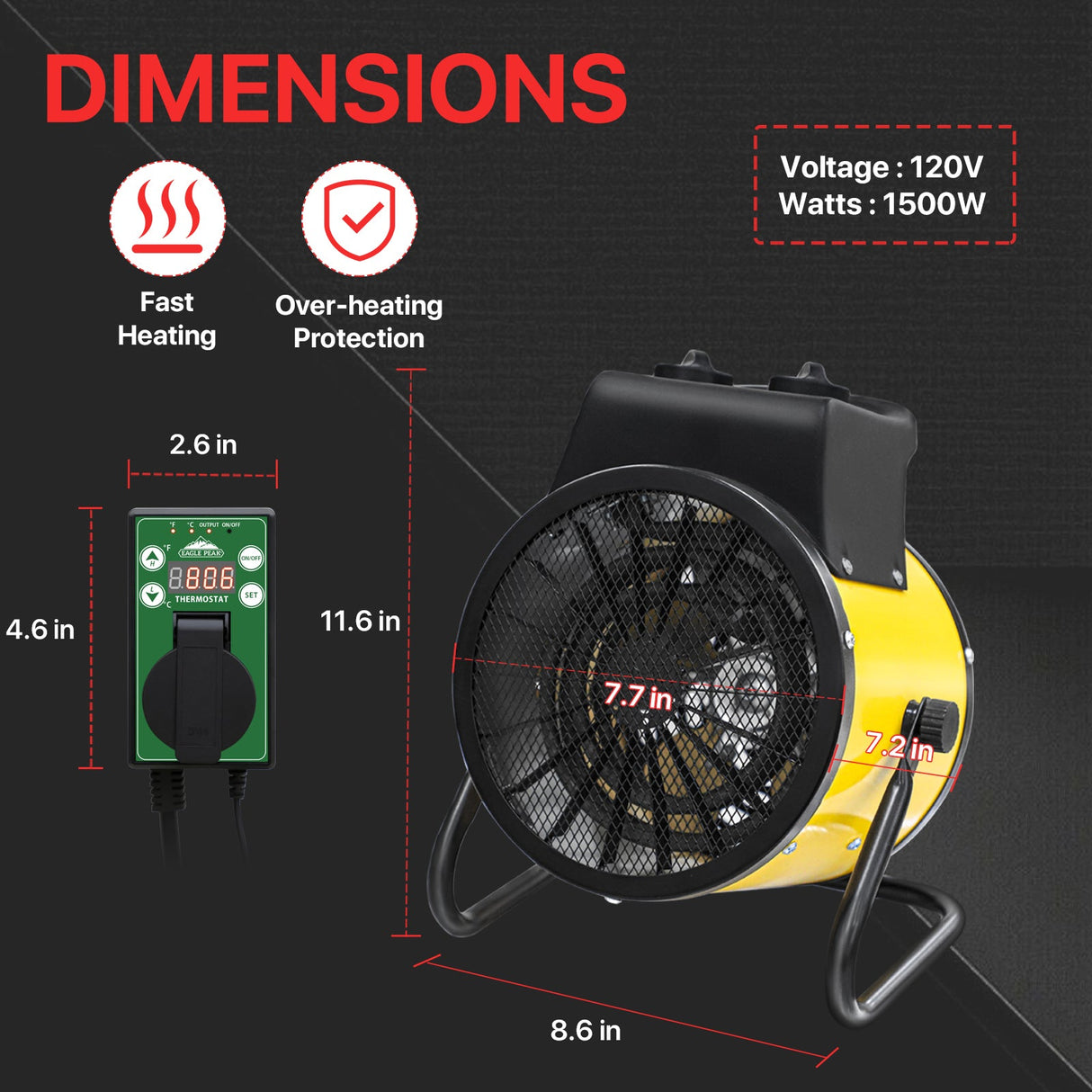 1500W Outdoor Heater with Thermostat, Yellow - Eagle Peak Custom Canopy Tent