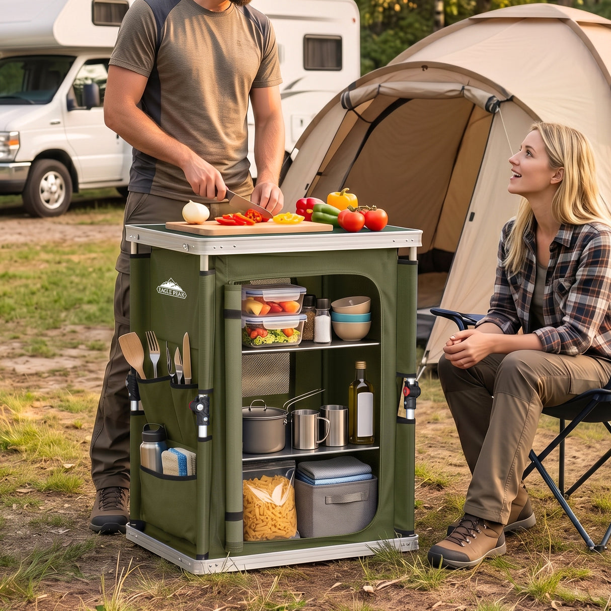 Outdoor Camping Pop Up Folding Table with Large 3-Tier Storage Organizer and Side Pockets