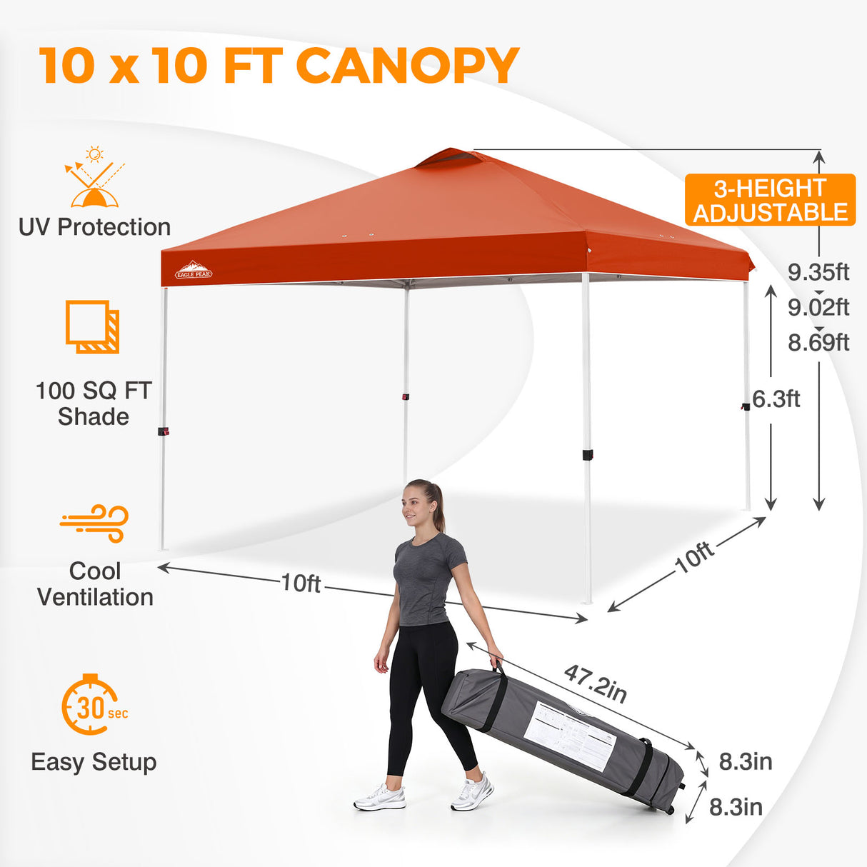 Easy Setup Straight Leg 10x10 Pop Up Canopy Tent w/ 100 sqft of Shade