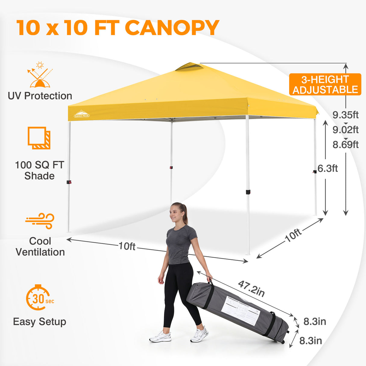 Easy Setup Straight Leg 10x10 Pop Up Canopy Tent w/ 100 sqft of Shade