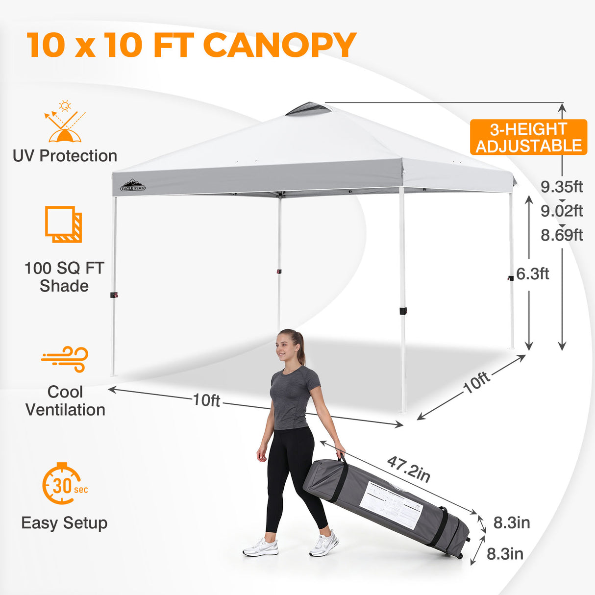 Easy Setup Straight Leg 10x10 Pop Up Canopy Tent w/ 100 sqft of Shade