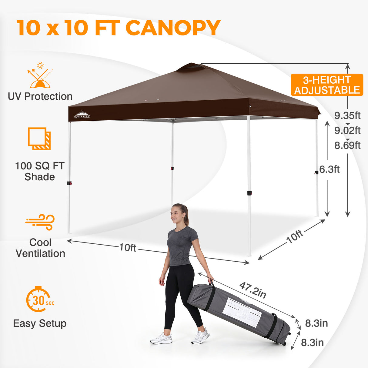 Easy Setup Straight Leg 10x10 Pop Up Canopy Tent w/ 100 sqft of Shade
