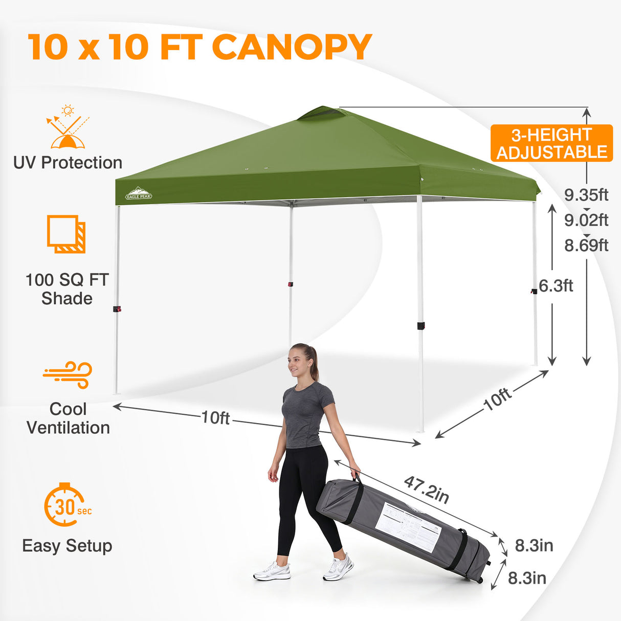 Easy Setup Straight Leg 10x10 Pop Up Canopy Tent w/ 100 sqft of Shade