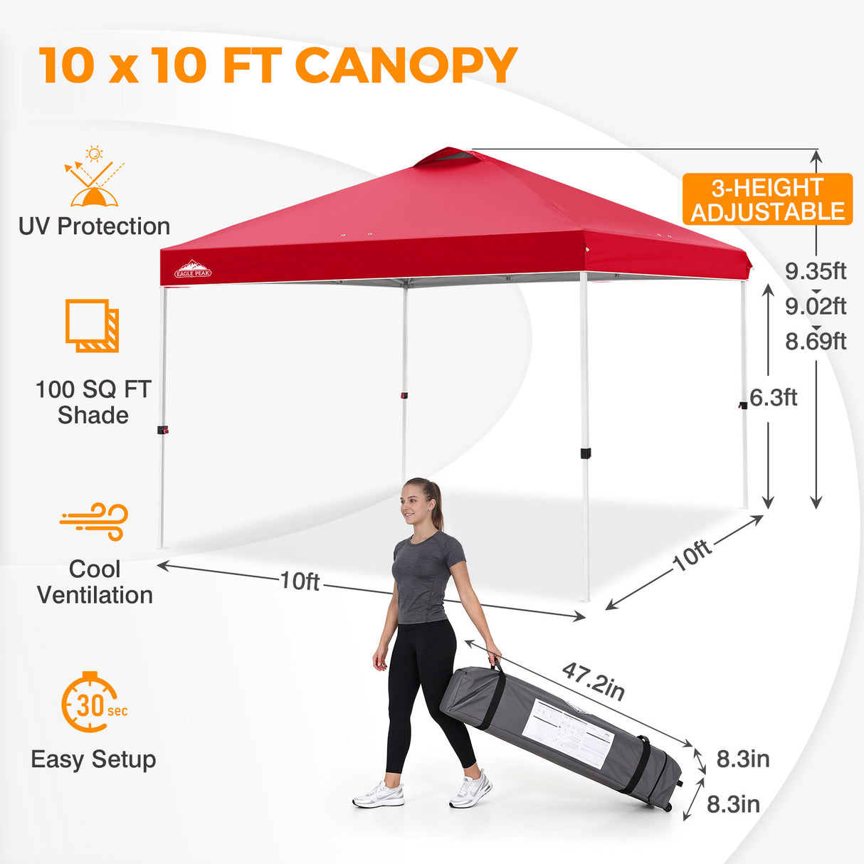 Easy Setup Straight Leg 10x10 Pop Up Canopy Tent w/ 100 sqft of Shade