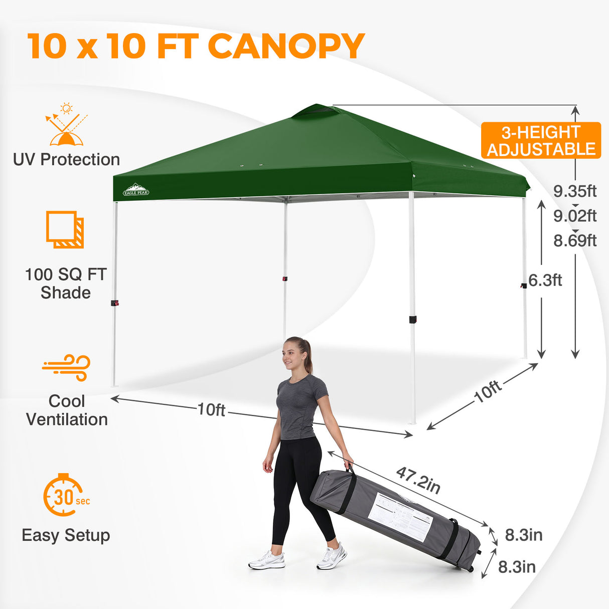 Easy Setup Straight Leg 10x10 Pop Up Canopy Tent w/ 100 sqft of Shade