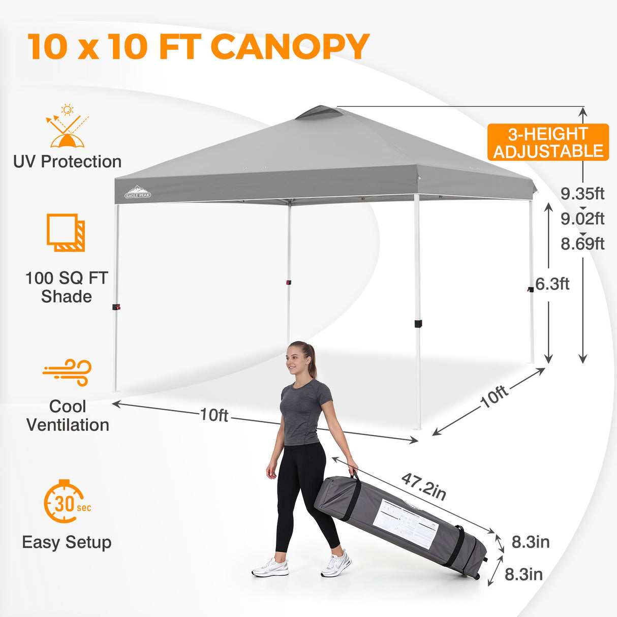 Easy Setup Straight Leg 10x10 Pop Up Canopy Tent w/ 100 sqft of Shade
