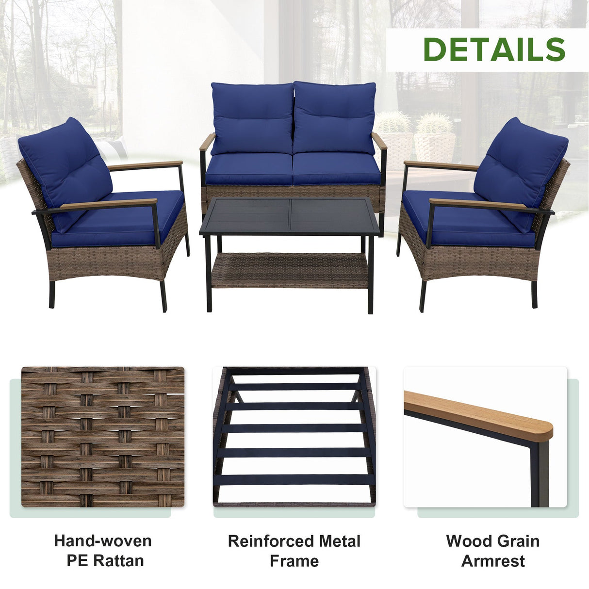 4 PCS Mojave Dusk Patio Wicker Furniture, Loveseat, 2 Patio Chairs and Coffee Table, Brown/Beige - Eagle Peak Custom Canopy Tent