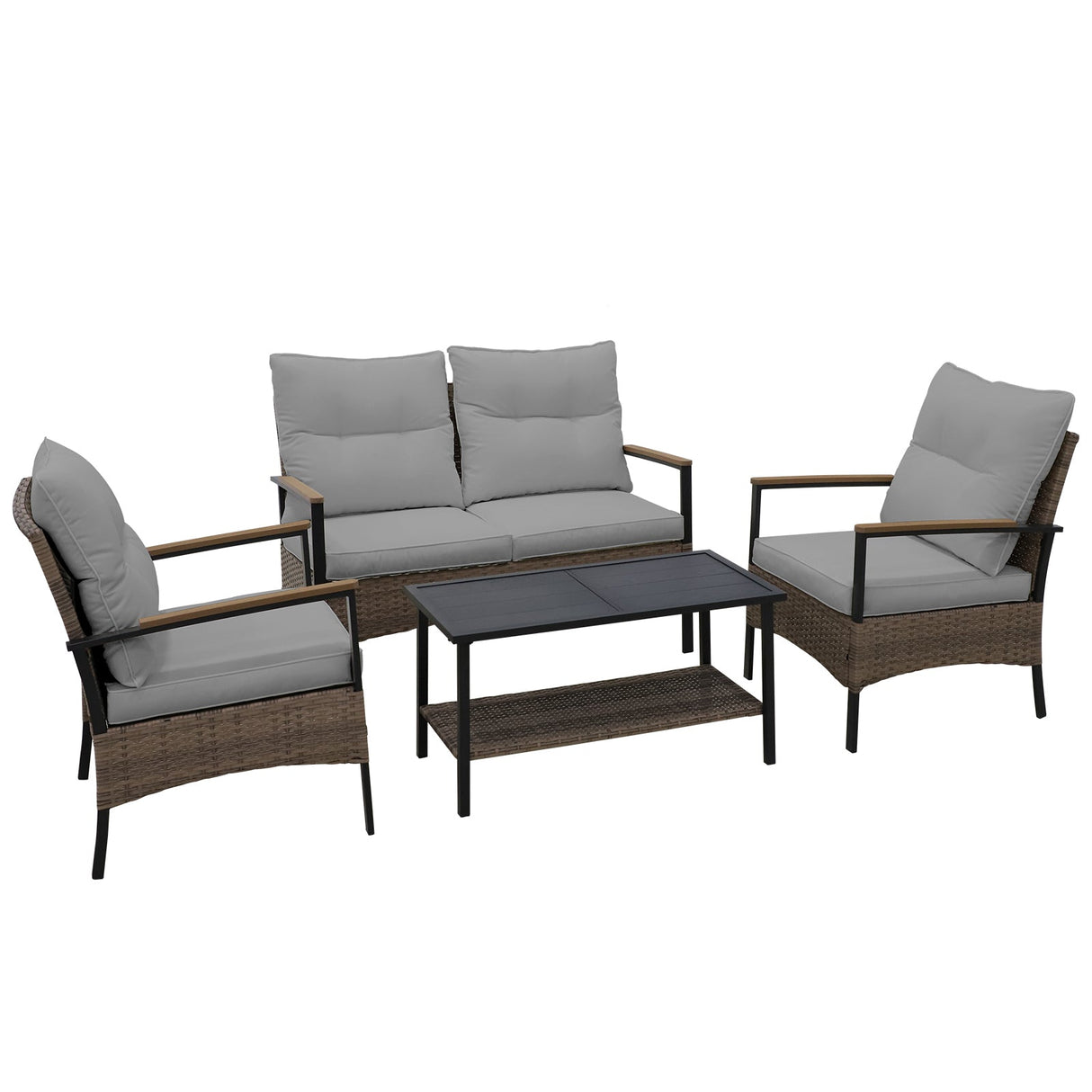 4 PCS Mojave Dusk Patio Wicker Furniture, Loveseat, 2 Patio Chairs and Coffee Table, Brown/Beige - Eagle Peak Custom Canopy Tent