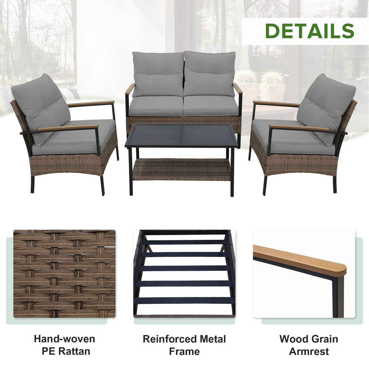 4 PCS Mojave Dusk Patio Wicker Furniture, Loveseat, 2 Patio Chairs and Coffee Table, Brown/Beige - Eagle Peak Custom Canopy Tent