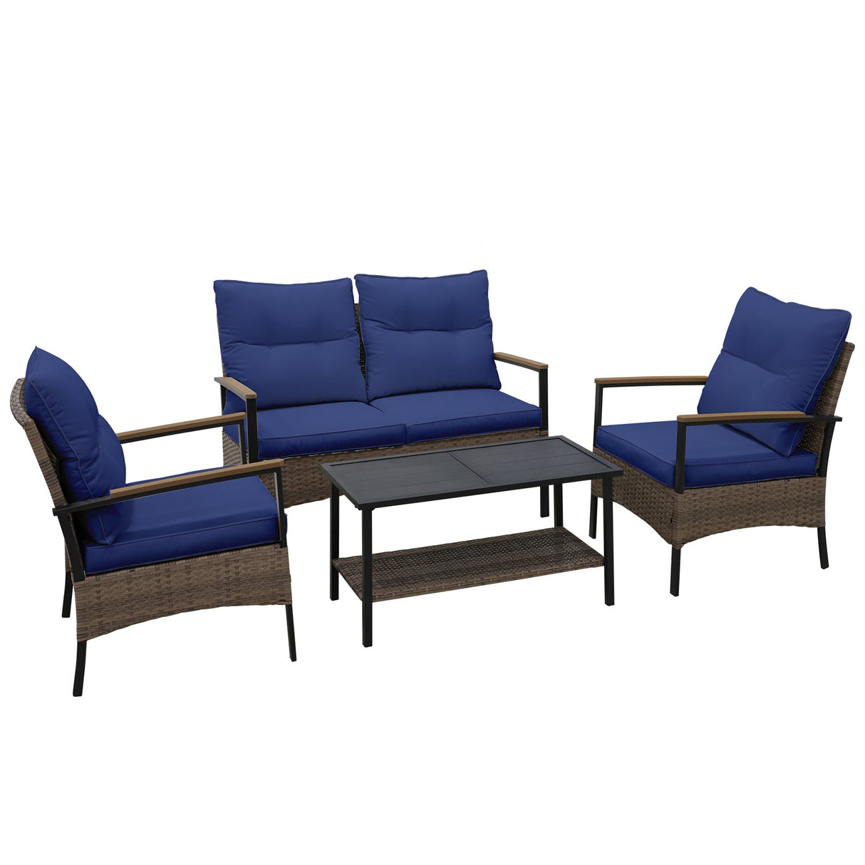 4 PCS Mojave Dusk Patio Wicker Furniture, Loveseat, 2 Patio Chairs and Coffee Table, Brown/Beige - Eagle Peak Custom Canopy Tent