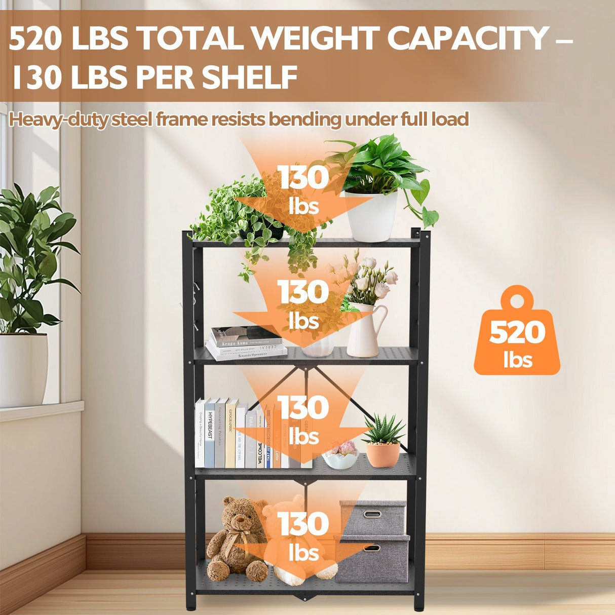 4 - Tier Foldable Greenhouse Shelf, 28”x14.6”x44.7”, 520 lbs, 1/2 Pack, Black - Eagle Peak Custom Canopy Tent