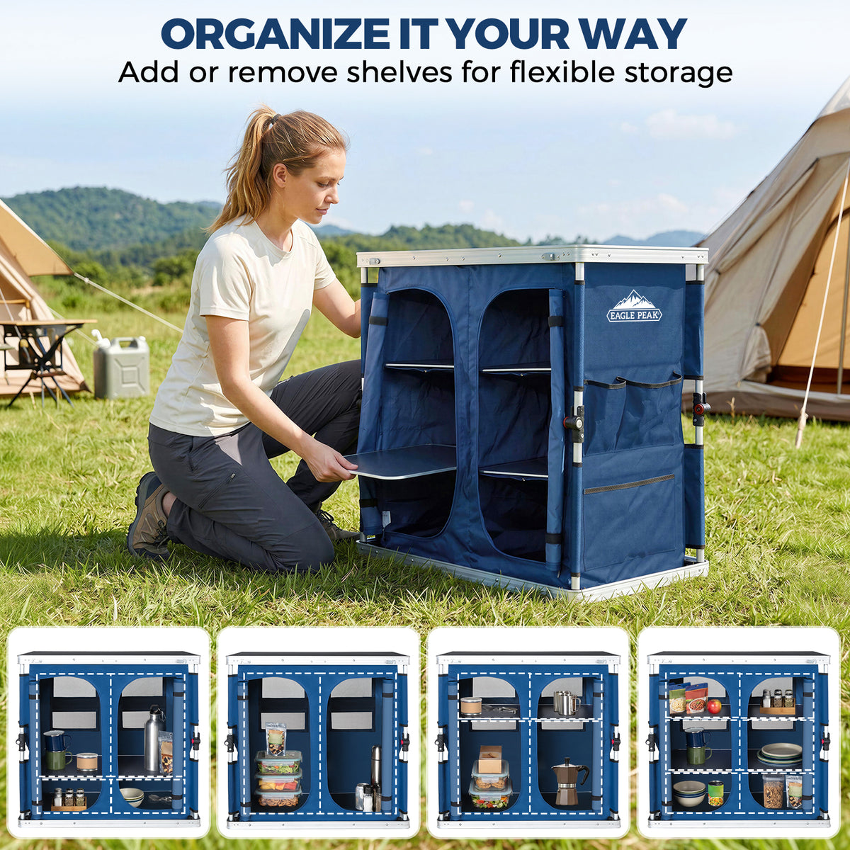 Double Camping Folding Table with Storage Organizer and Side Pockets
