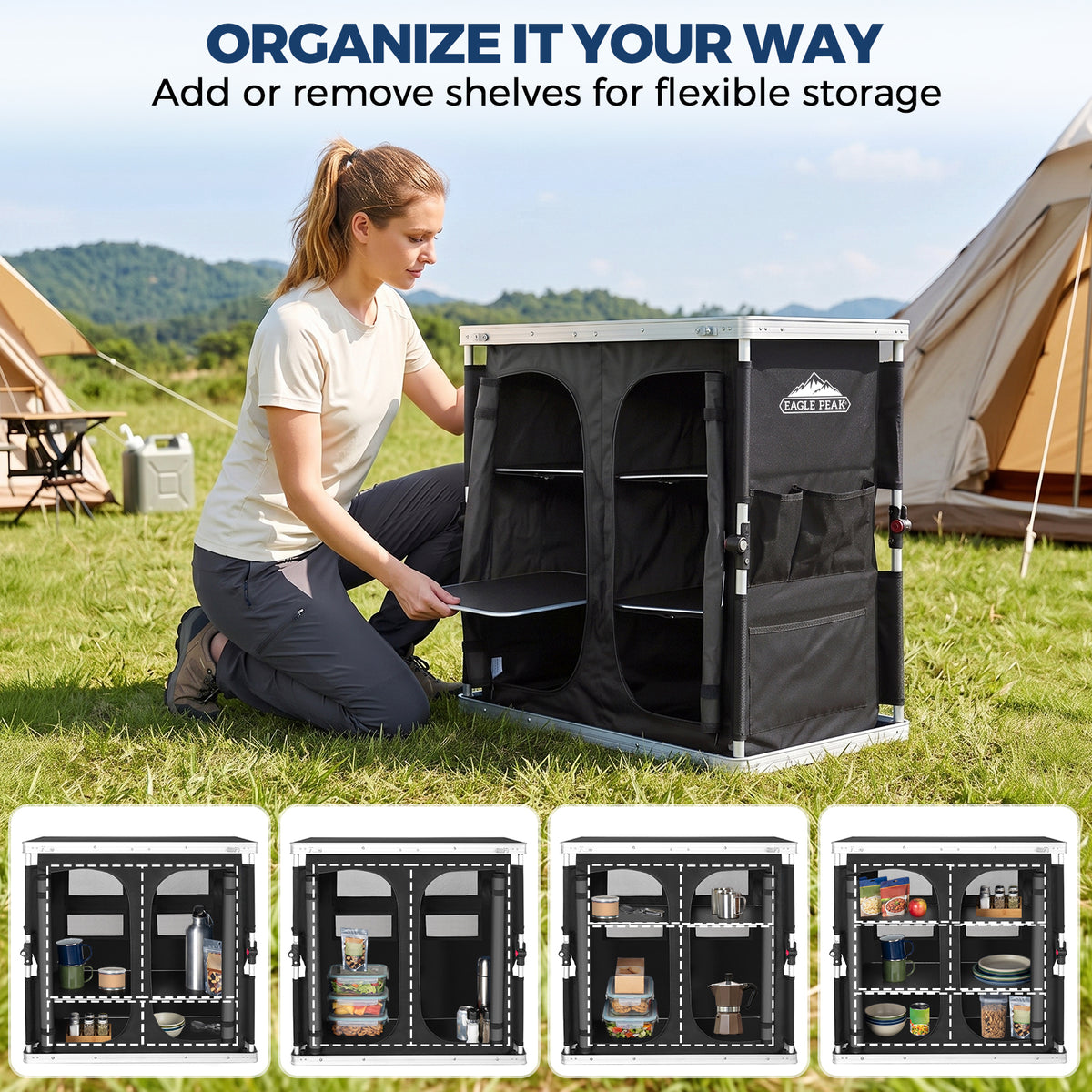 Double Camping Folding Table with Storage Organizer and Side Pockets