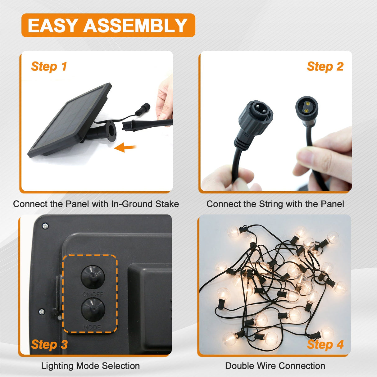 50 FT S14 Solar - Powered String Lights, IP65, 15 Shatterproof Edison Vintage Bulbs (2 Spare) - Eagle Peak Custom Canopy Tent