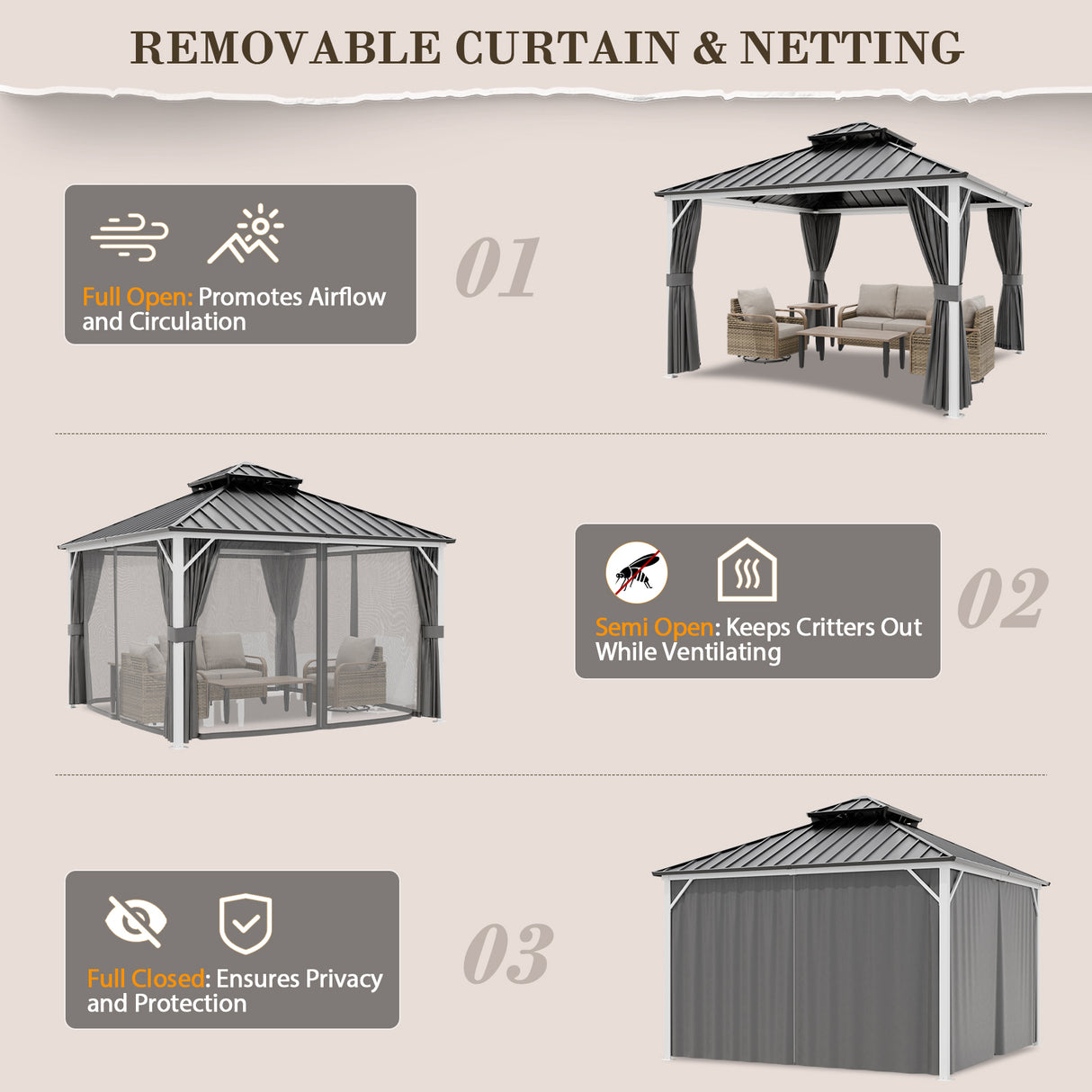 12x10/12x12/12x14/12x16/12x18/12x20 Hardtop Gazebo, Galvanized Steel Double Roof with Aluminum Frame