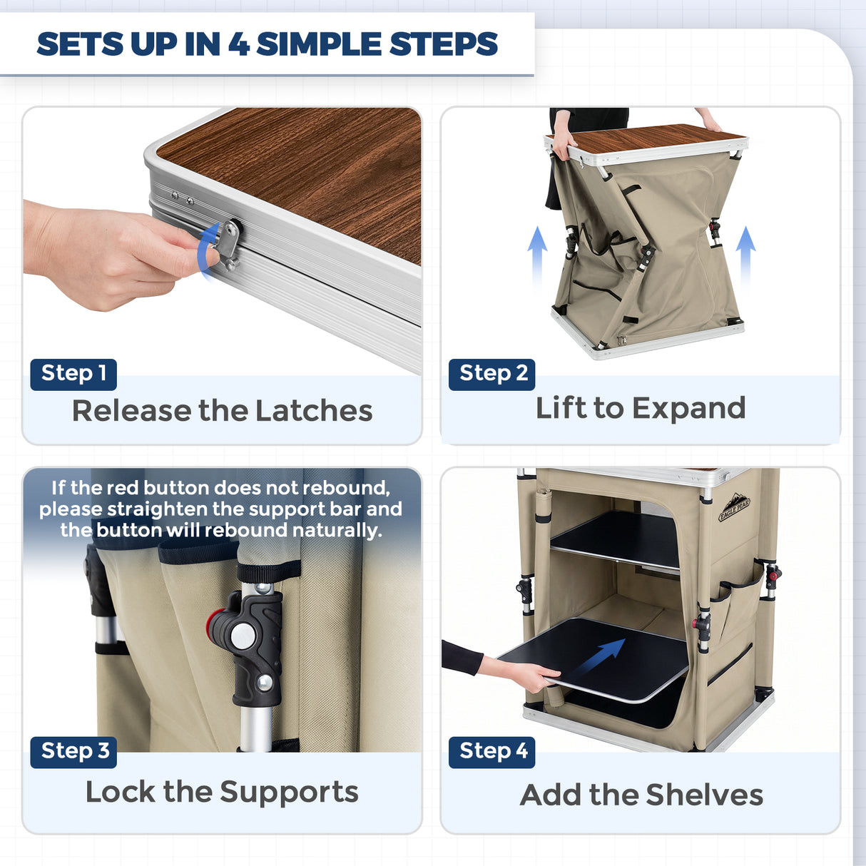 Outdoor Camping Pop Up Folding Table with Large 3-Tier Storage Organizer and Side Pockets