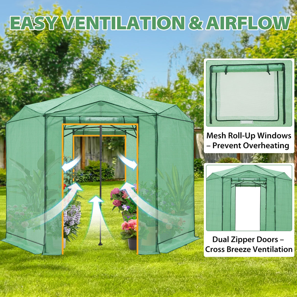 6.6x6.6 ft/ 8.5x8.5 ft Hexagon Pop up Greenhouse - Eagle Peak