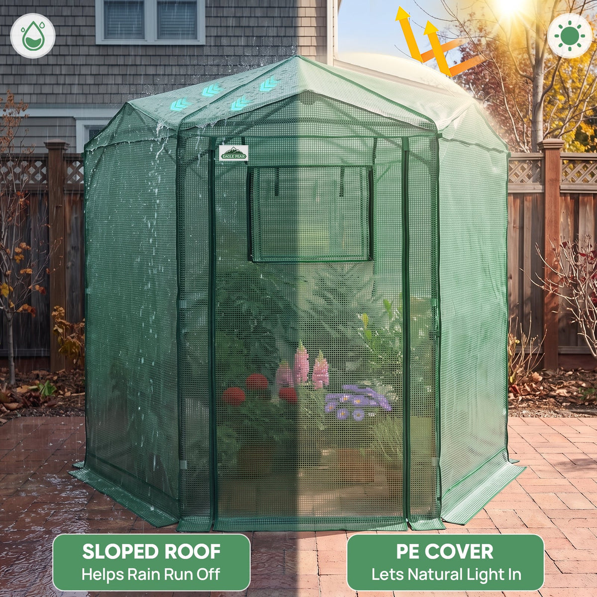 6.6x6.6/8.5x8.5 Easy Setup Pop Up Greenhouse, Hexagon - Eagle Peak®